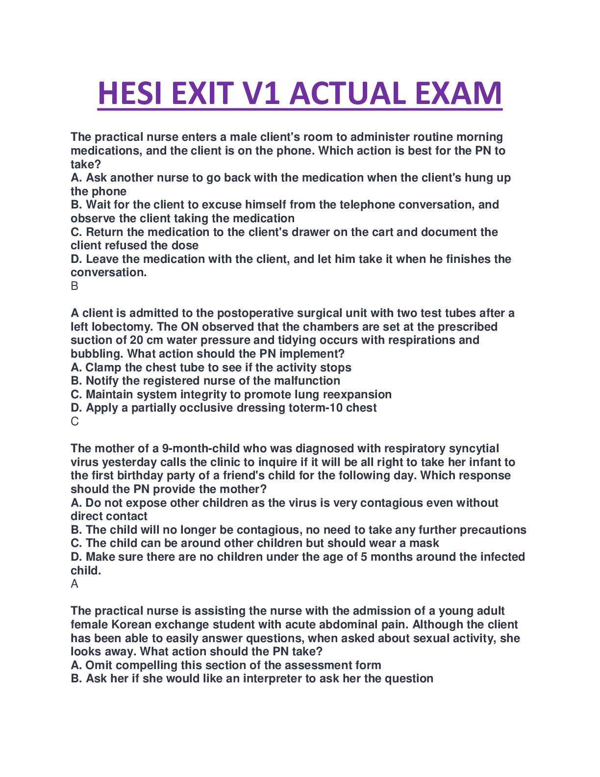 Preview of 2020/2021 HESI EXIT V1 EXAM 160 C0RRECTLY ANSWERED QUESTIONS